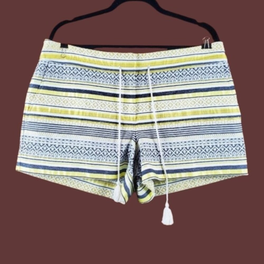 Loft Womens Riviera Yellow Geometric Striped Tassel Tie Shorts Size 12 NWT